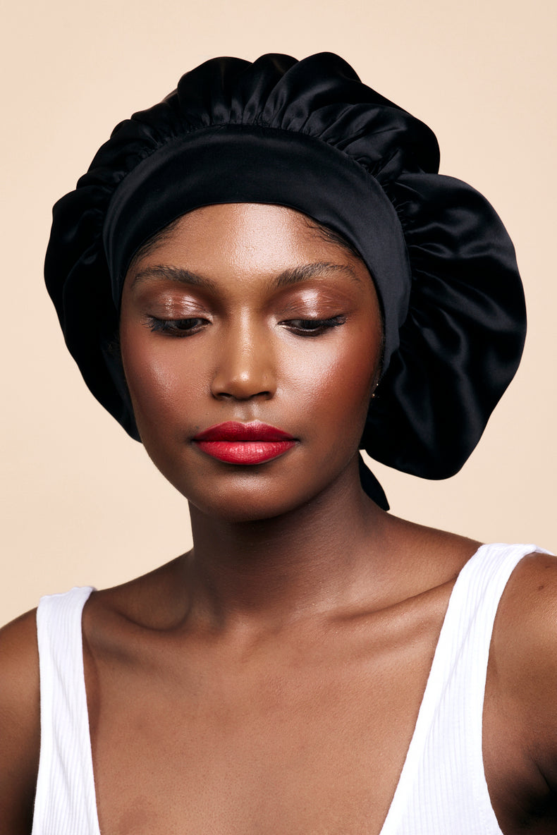BLACK SILK NIGHTCAP
