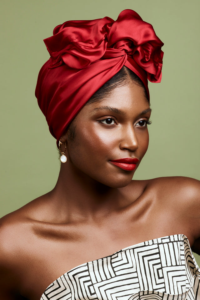 Turban africaine en soie rubis – vue de face