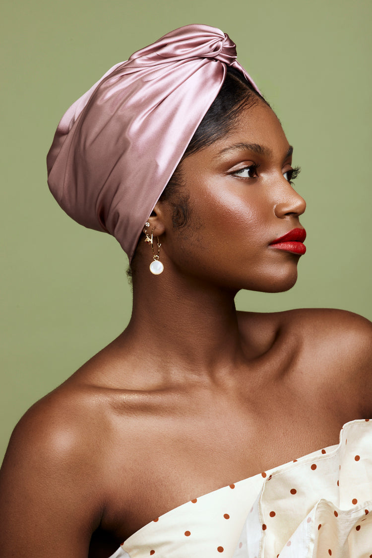Turban cubaine en soie mauve – vue de face