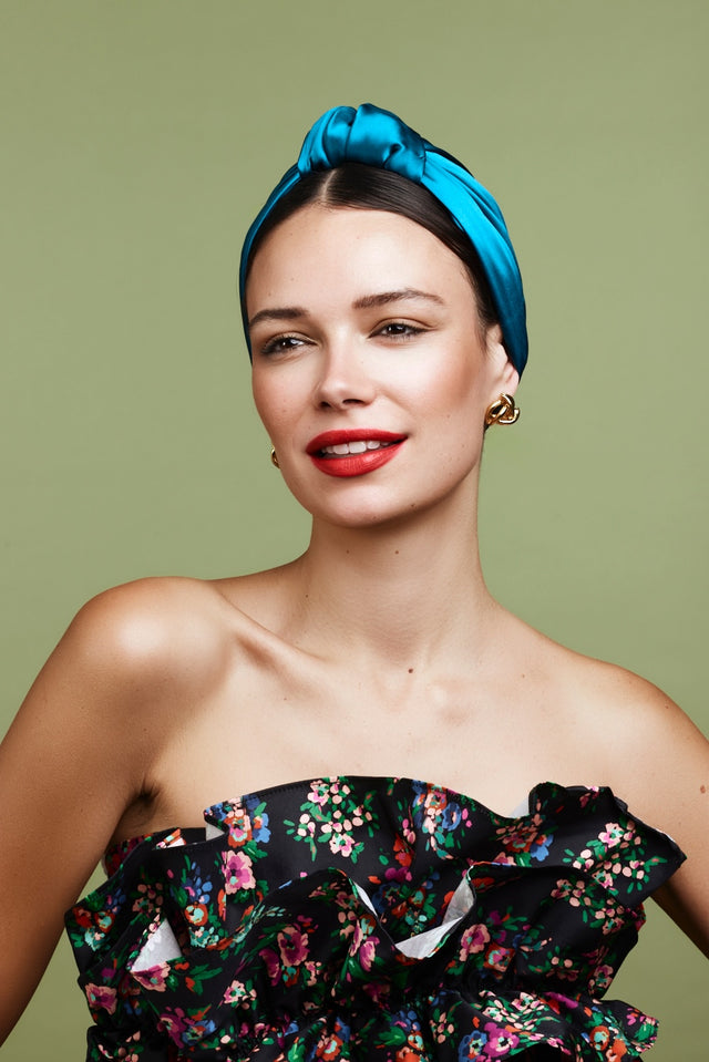 Turban parisienne en soie bleu canard – vue de face
