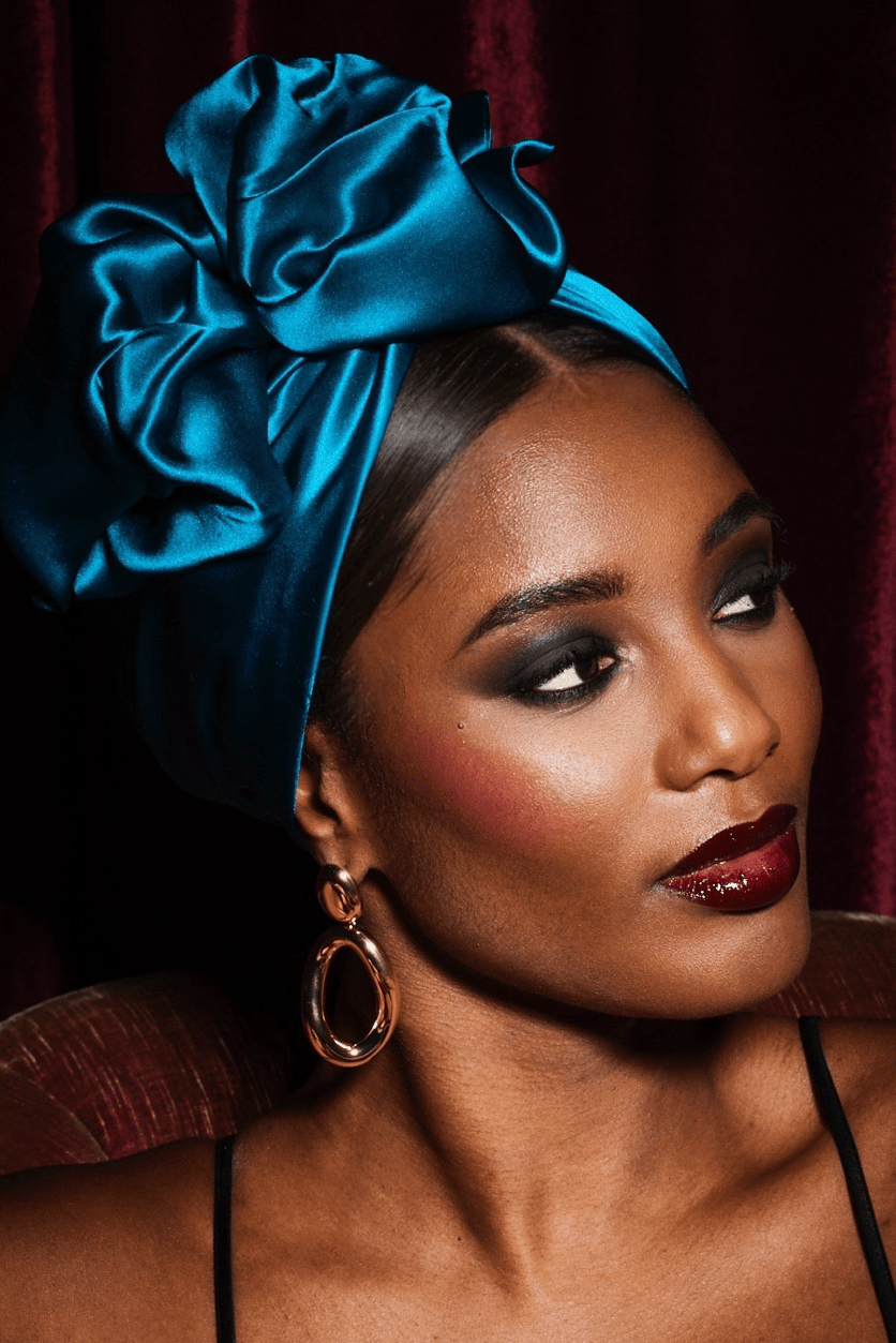 Turbans femme fil métal - AFRICAINE SOIE - BLEU CANARD - Indira de paris