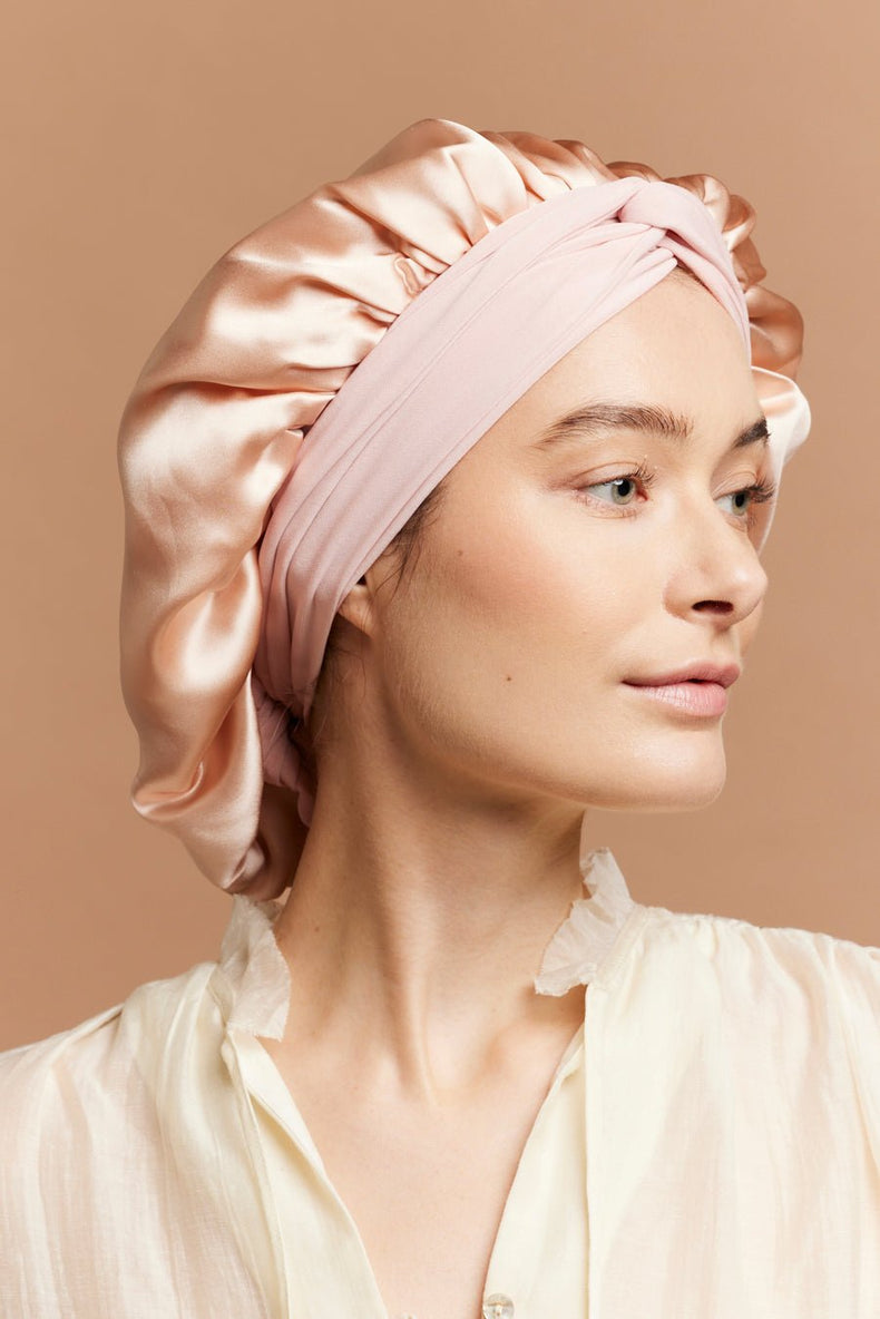 Bonnet de nuit en soie - BONNET DE NUIT EN SOIE CHAMPAGNE - Indira de paris