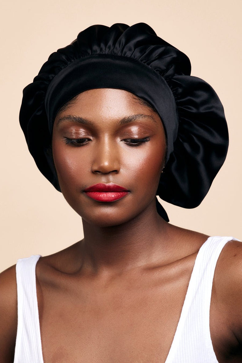 Bonnet de nuit en soie-BONNET DE NUIT EN SOIE NOIR- Indira de paris