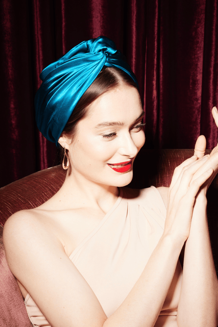 Turbans femme modulable - CUBAINE SOIE - BLEU CANARD - Indira de paris