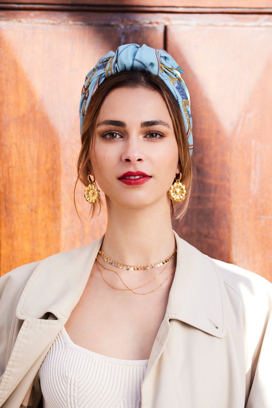 Foulard cheveux femme - PARISIENNE BLEU CIEL ET OR - Indira de paris