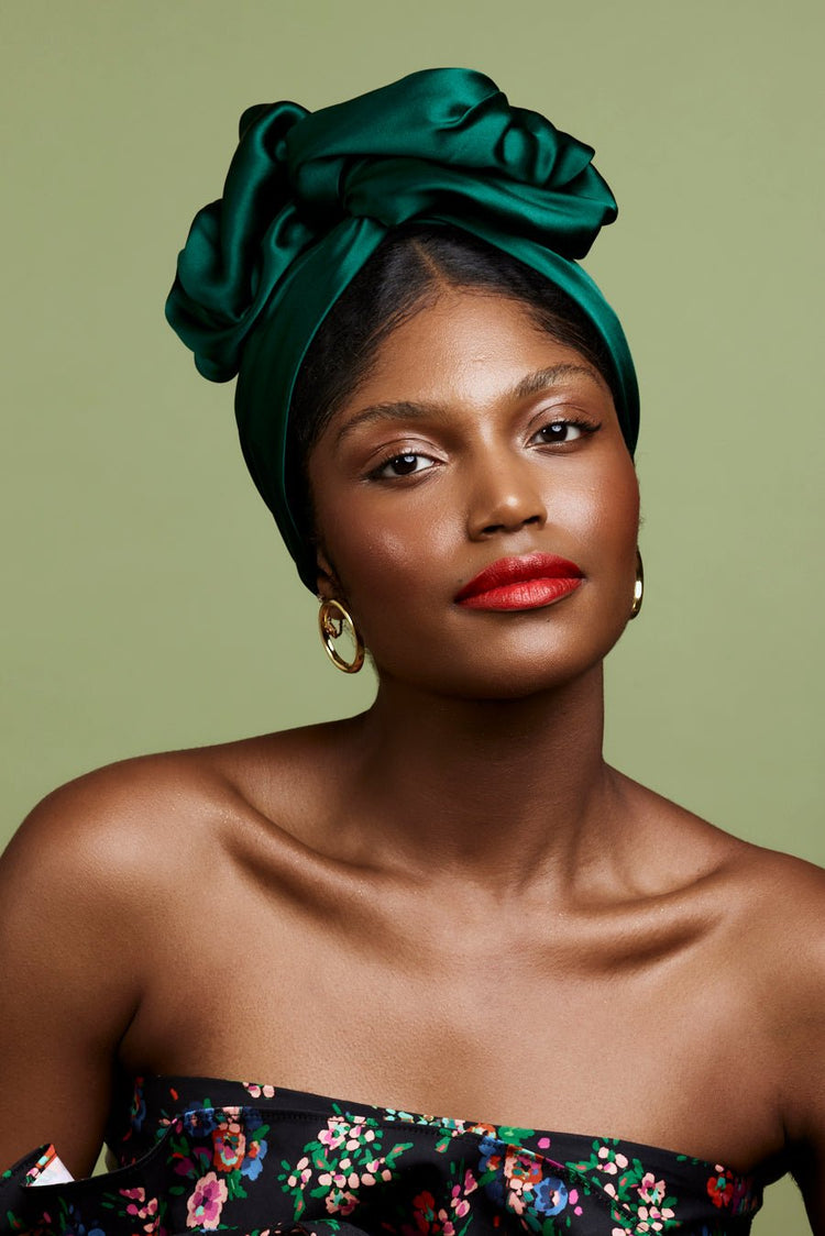 Turbans femme fil métal-TURBAN AFRICAINE SOIE - EMERAUDE- Indira de paris