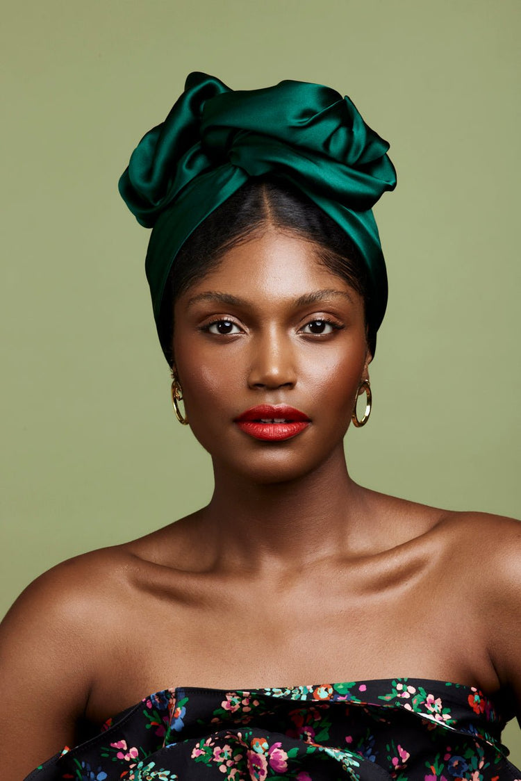 Turbans femme fil métal-TURBAN AFRICAINE SOIE - EMERAUDE- Indira de paris