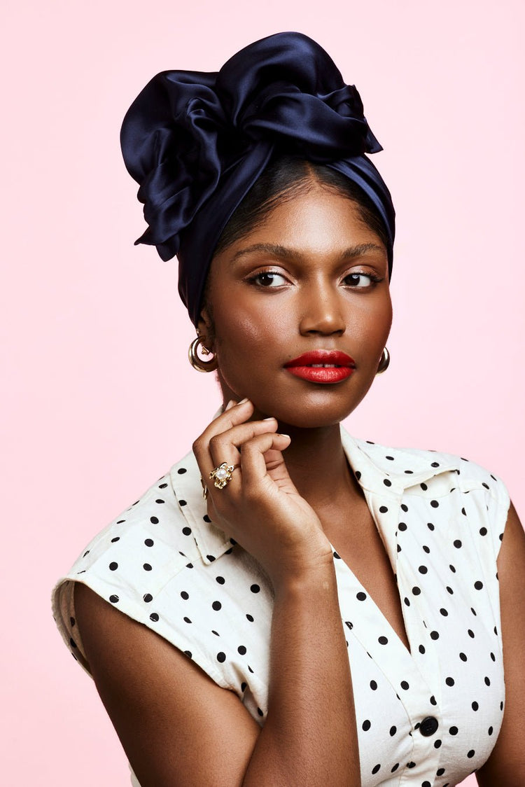 Turbans femme fil métal-TURBAN AFRICAINE SOIE - MARINE- Indira de paris