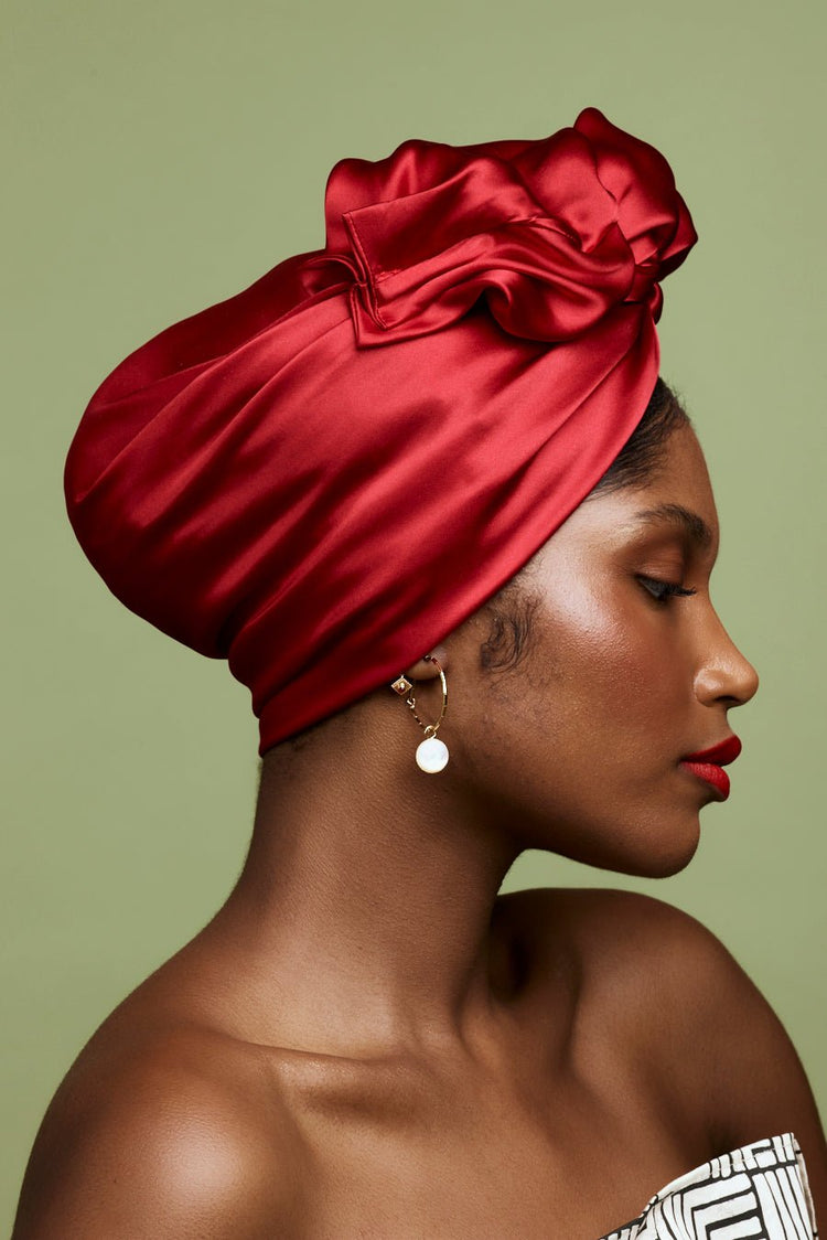 Turbans femme fil métal-TURBAN AFRICAINE SOIE - RUBIS- Indira de paris