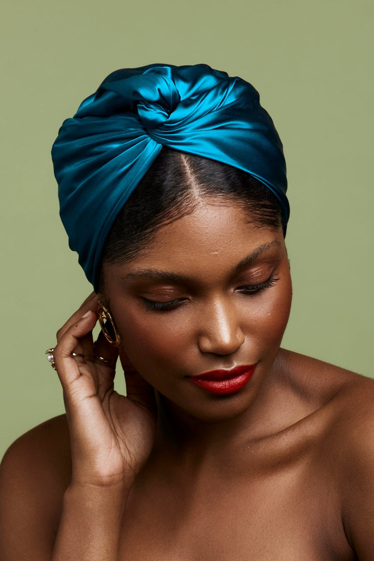 Turbans femme modulable-TURBAN CUBAINE SOIE - BLEU CANARD- Indira de paris