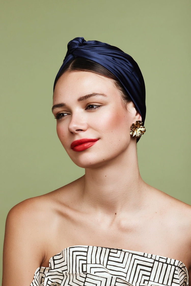 Turbans femme modulable-TURBAN CUBAINE SOIE - BLEU MARINE- Indira de paris