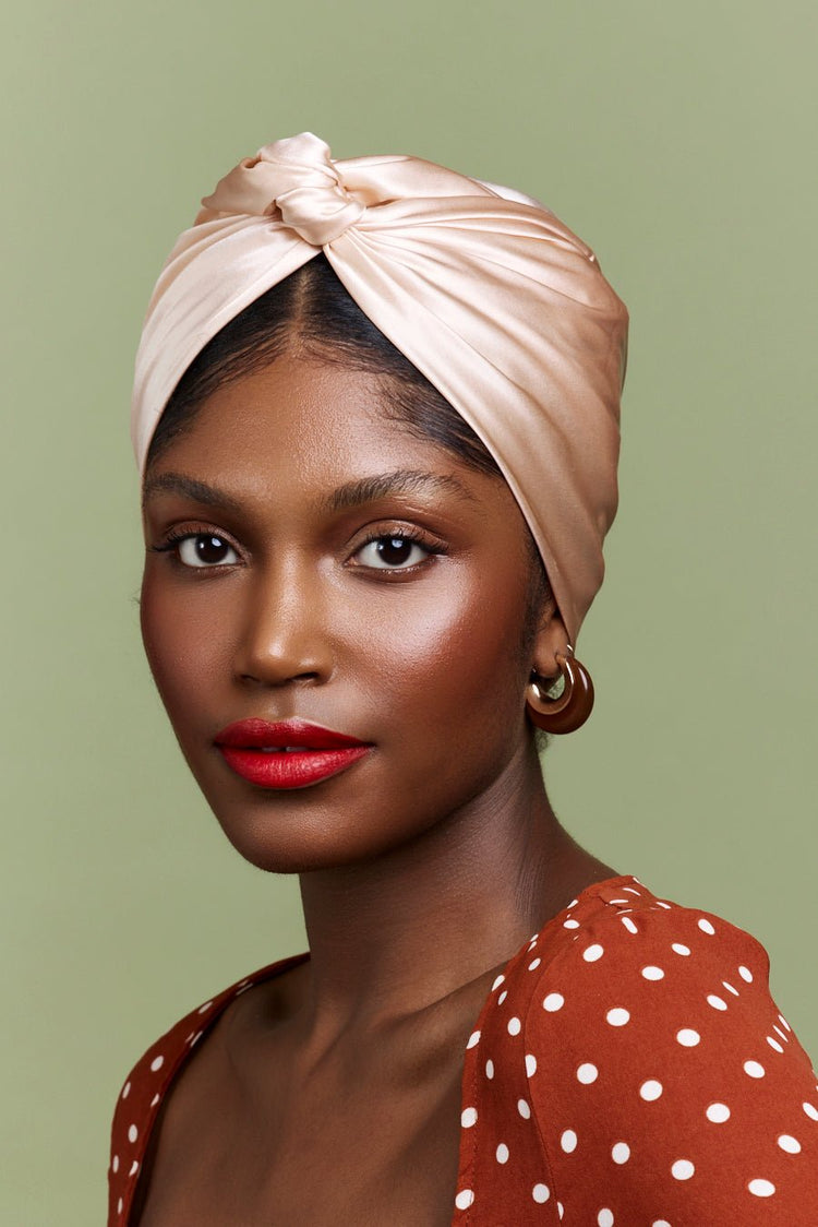 Turbans femme modulable-TURBAN CUBAINE SOIE - CHAMPAGNE- Indira de paris
