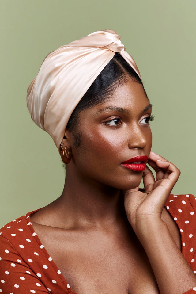 Turbans femme modulable-TURBAN CUBAINE SOIE - CHAMPAGNE- Indira de paris