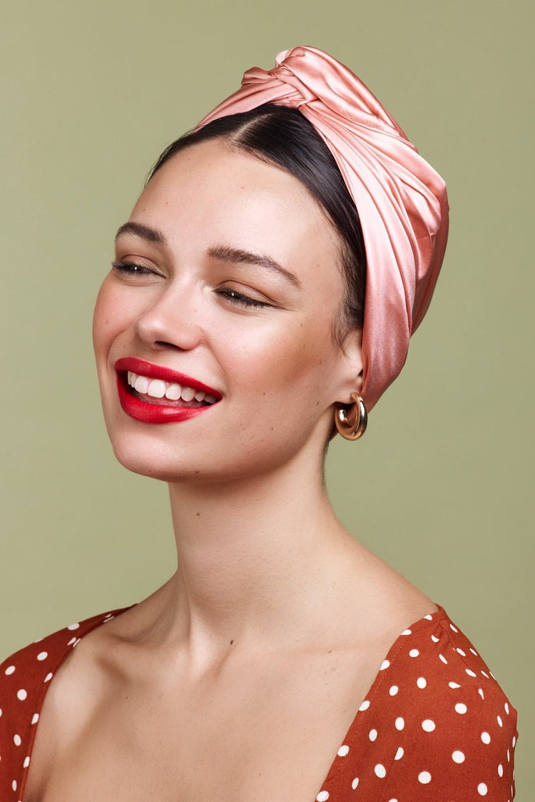 Foulard cheveux femme-TURBAN CUBAINE SOIE - CORAIL- Indira de paris