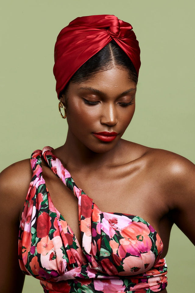 Turbans femme modulable-TURBAN CUBAINE SOIE - RUBIS- Indira de paris