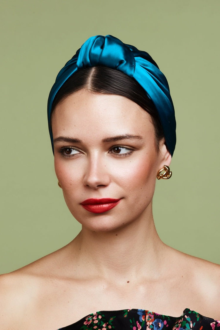 Foulard cheveux femme-TURBAN PARISIENNE SOIE - BLEU CANARD- Indira de paris