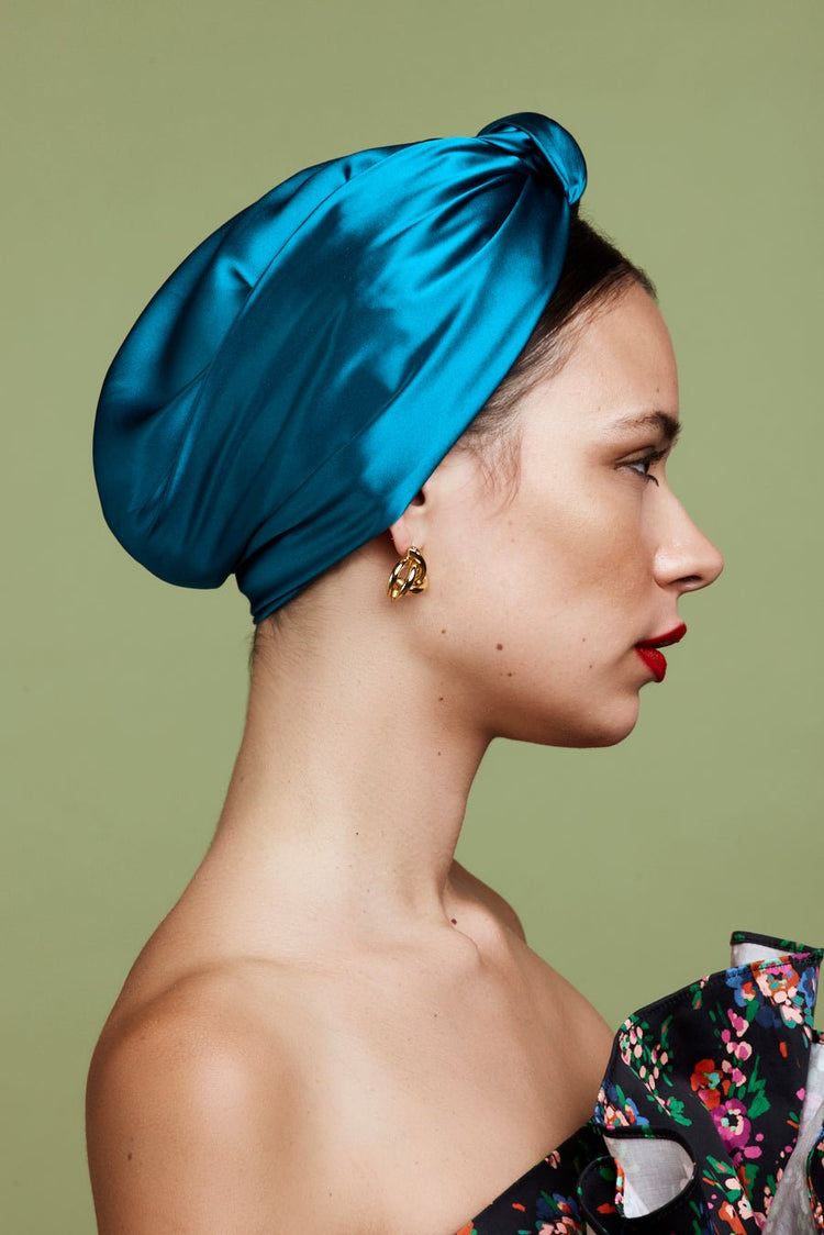 Foulard cheveux femme-TURBAN PARISIENNE SOIE - BLEU CANARD- Indira de paris