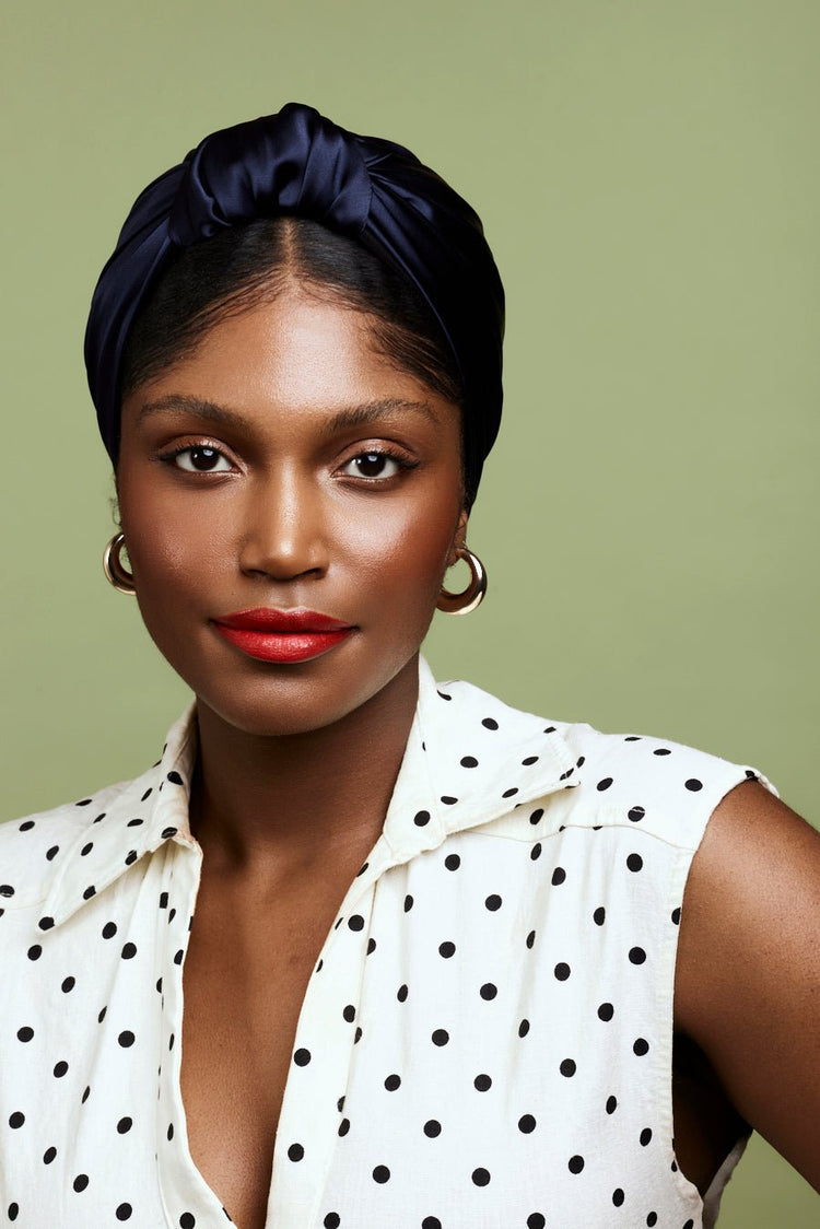 Foulard cheveux femme-TURBAN PARISIENNE SOIE - BLEU MARINE- Indira de paris