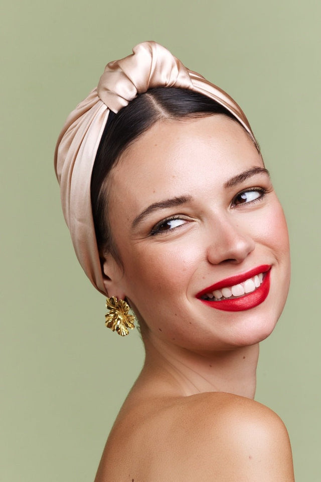 Foulard cheveux femme-TURBAN PARISIENNE SOIE - CHAMPAGNE- Indira de paris