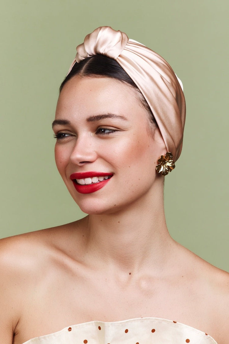 Foulard cheveux femme-TURBAN PARISIENNE SOIE - CHAMPAGNE- Indira de paris