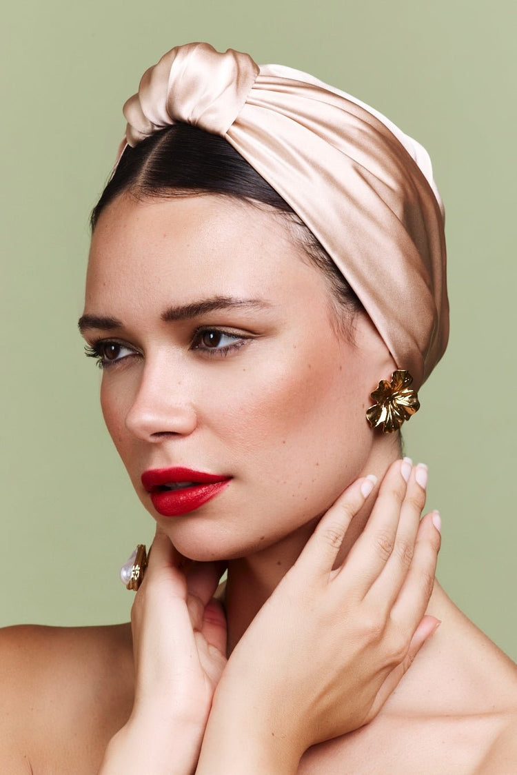 Foulard cheveux femme-TURBAN PARISIENNE SOIE - CHAMPAGNE- Indira de paris