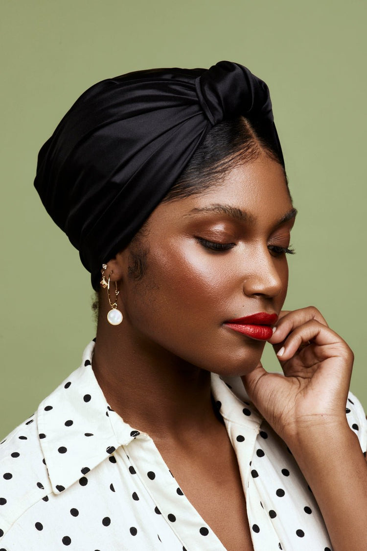 Foulard cheveux femme-TURBAN PARISIENNE SOIE - NOIR- Indira de paris