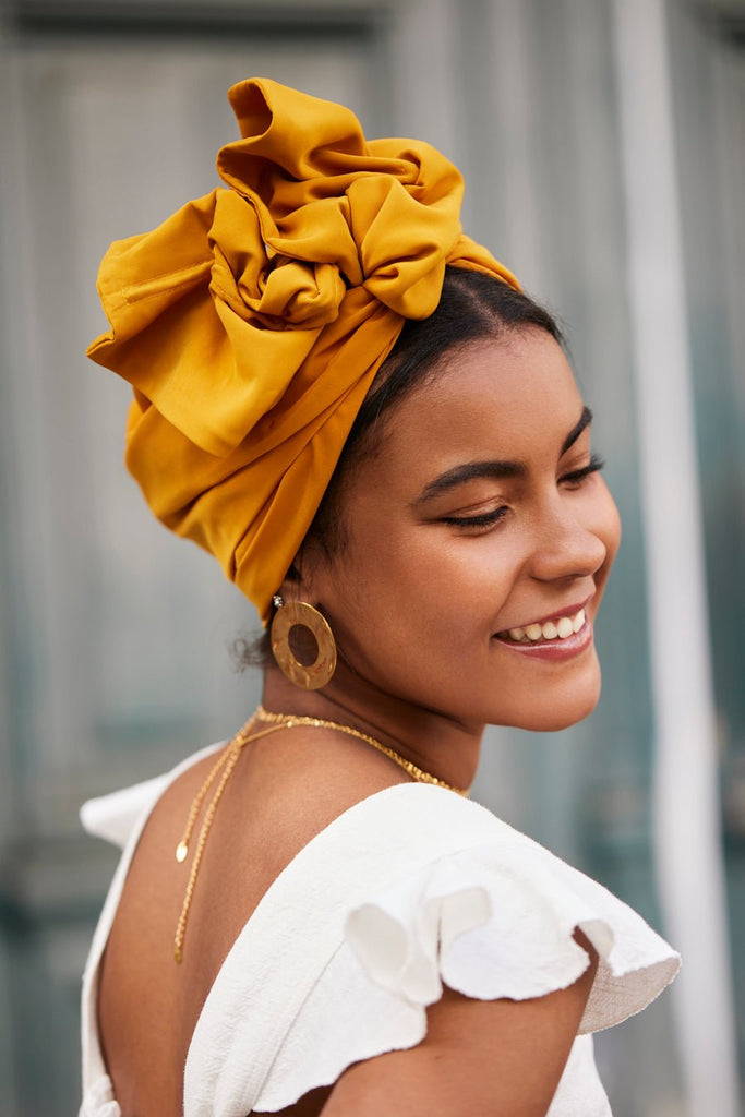 Turbans complets flexibles-Africaine Moutarde- Indira de paris