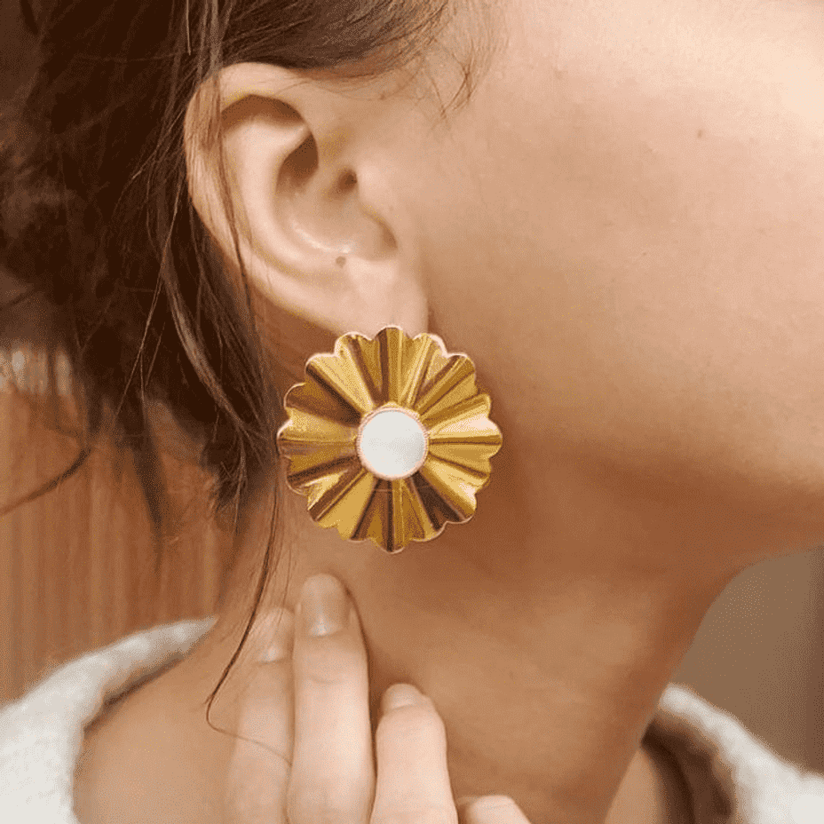 Boucles D'oreilles Vintage Années 70 En Alpaca Argenté Et Nacre Véritable - Vieux Stock Neuf, Parfait état