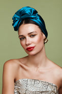 Turban africaine en soie bleu canard – style africain pleine longueur
