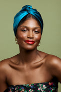 Turban cubaine en soie bleu canard – profil
