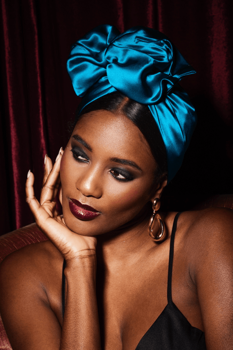 Turbans femme fil métal - AFRICAINE SOIE - BLEU CANARD - Indira de paris