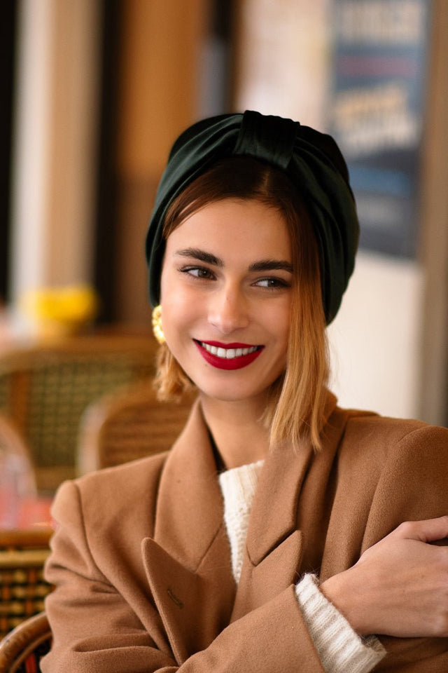 Bandeau cheveux femme - BANDEAU REVERSIBLE VELOURS VERT - Indira de paris