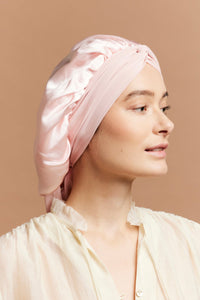 Bonnet de nuit en soie - BONNET DE NUIT EN SOIE ROSE TENDRE - Indira de paris