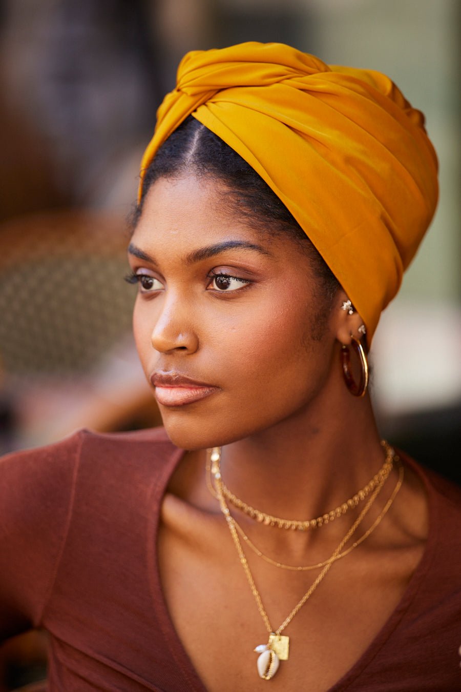 Turbans femme modulable - CUBAINE MOUTARDE - Indira de paris