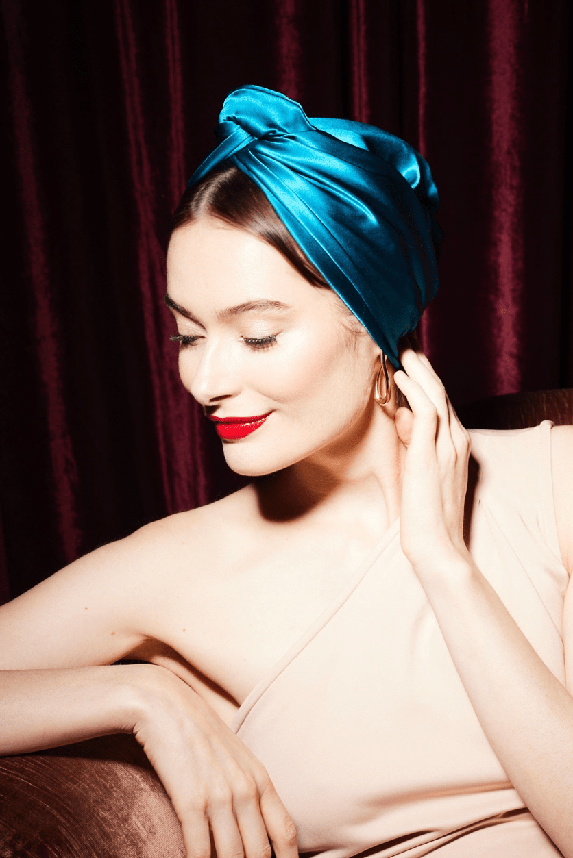 Turbans femme modulable - CUBAINE SOIE - BLEU CANARD - Indira de paris