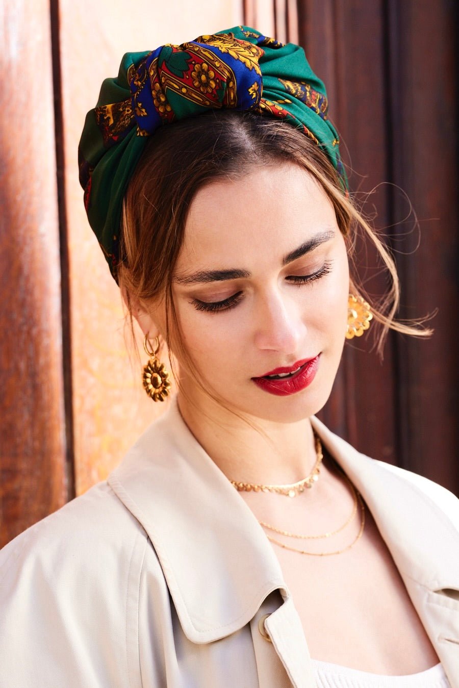 Foulard cheveux femme - PARISIENNE ALICE VERT ET BLEU - Indira de paris