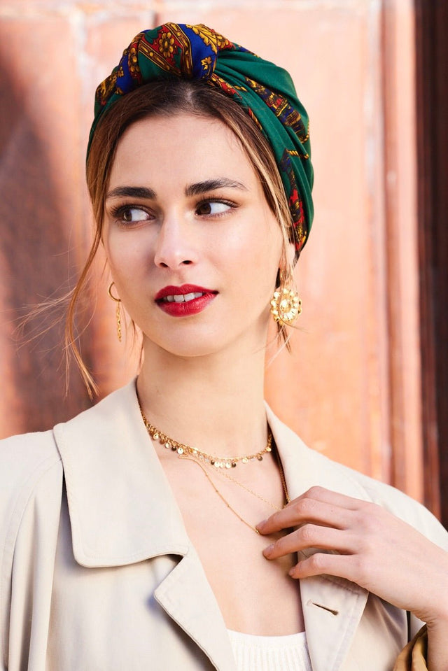 Foulard cheveux femme - PARISIENNE ALICE VERT ET BLEU - Indira de paris