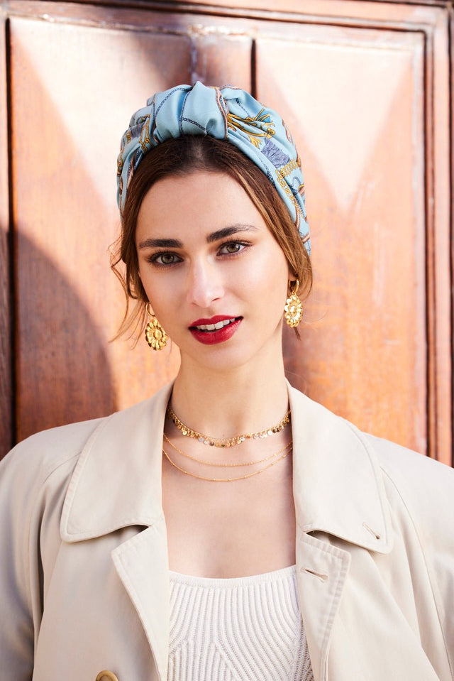 Foulard cheveux femme - PARISIENNE BLEU CIEL ET OR - Indira de paris