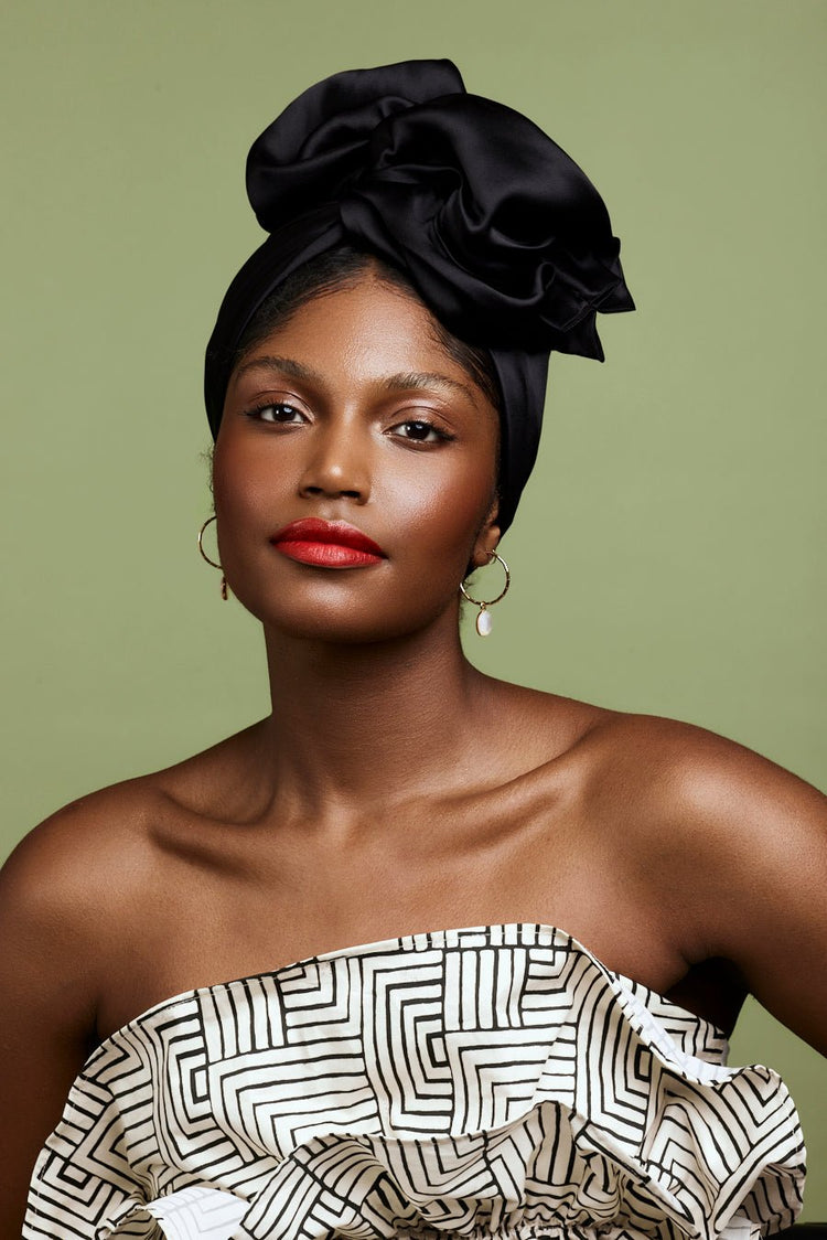 Turbans femme fil métal-TURBAN AFRICAINE SOIE - NOIR- Indira de paris