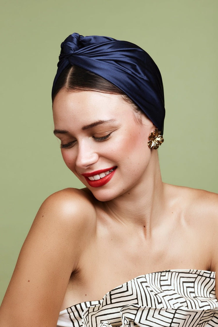 Turbans femme modulable-TURBAN CUBAINE SOIE - BLEU MARINE- Indira de paris