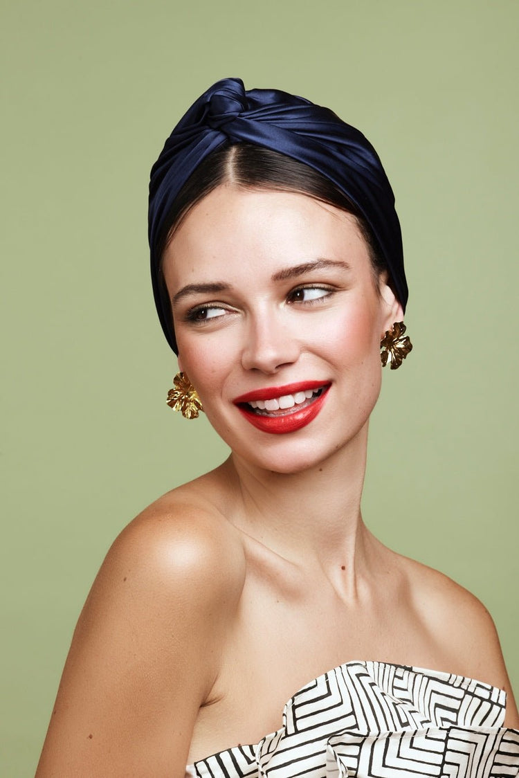 Turbans femme modulable-TURBAN CUBAINE SOIE - BLEU MARINE- Indira de paris