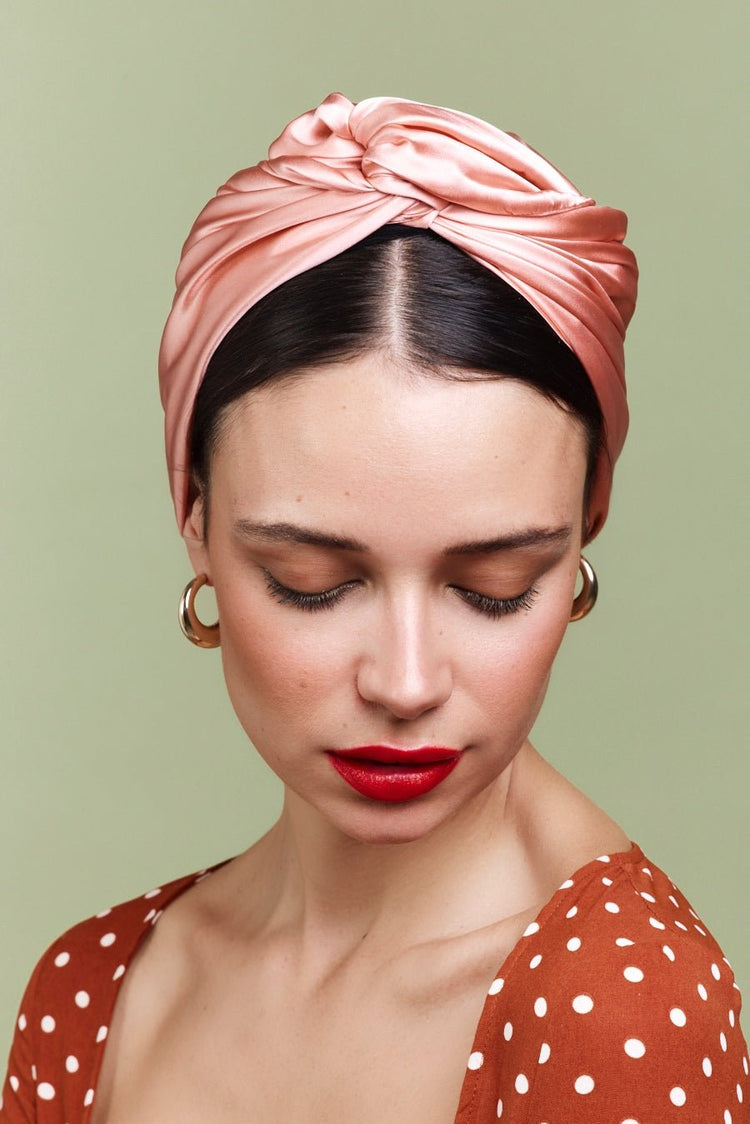 Foulard cheveux femme-TURBAN CUBAINE SOIE - CORAIL- Indira de paris