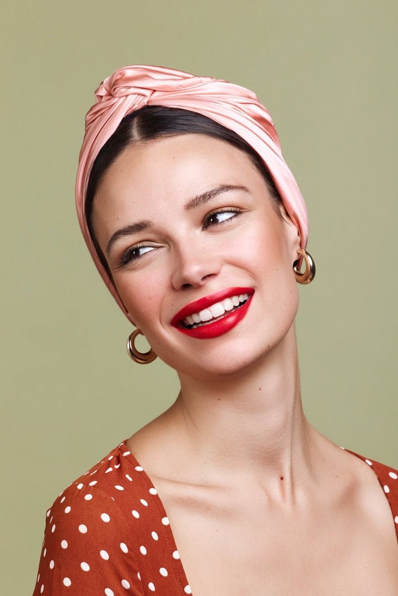 Foulard cheveux femme-TURBAN CUBAINE SOIE - CORAIL- Indira de paris