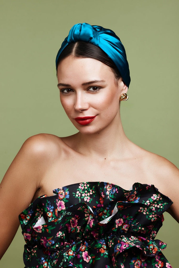 Foulard cheveux femme-TURBAN PARISIENNE SOIE - BLEU CANARD- Indira de paris