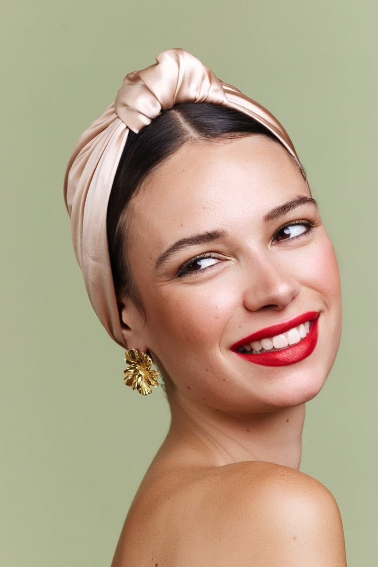 Foulard cheveux femme-TURBAN PARISIENNE SOIE - CHAMPAGNE- Indira de paris