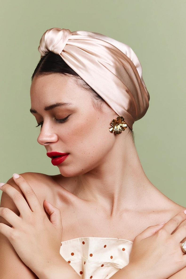 Foulard cheveux femme-TURBAN PARISIENNE SOIE - CHAMPAGNE- Indira de paris