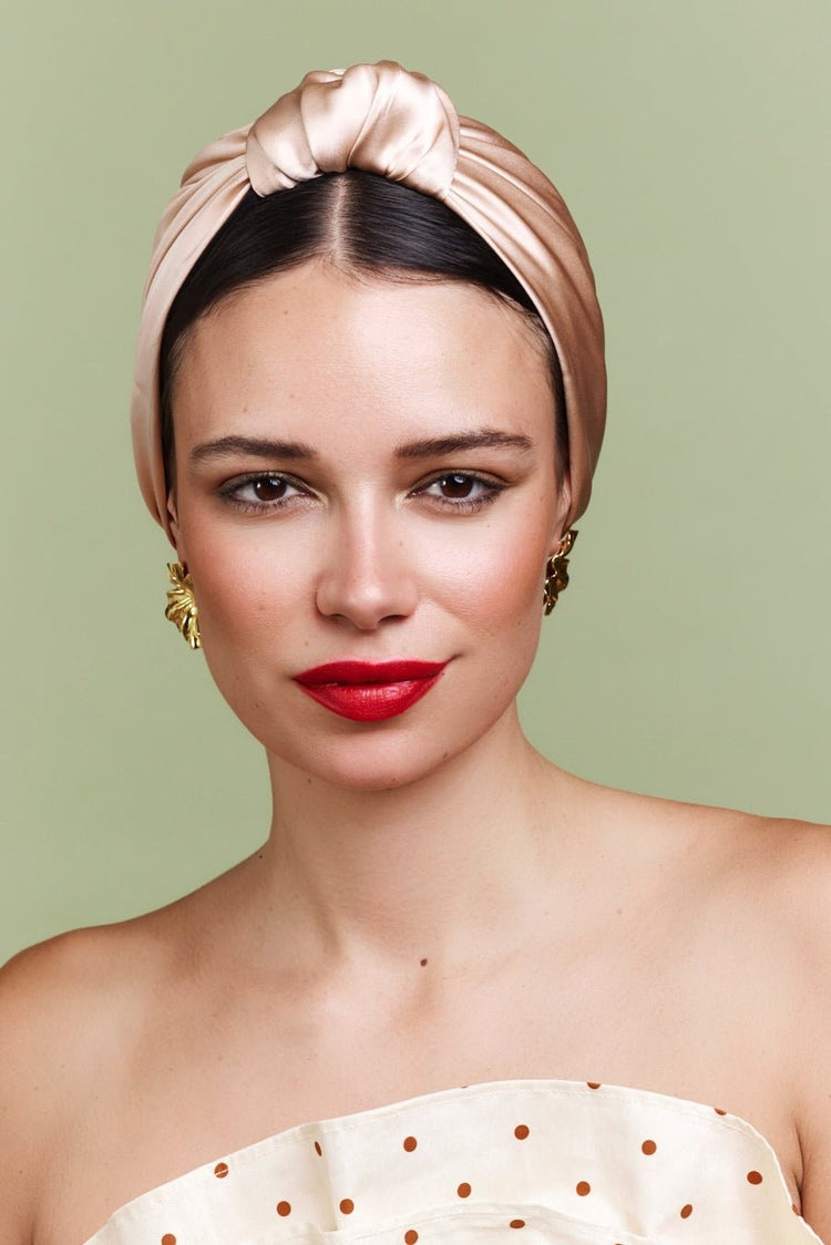 Foulard cheveux femme-TURBAN PARISIENNE SOIE - CHAMPAGNE- Indira de paris