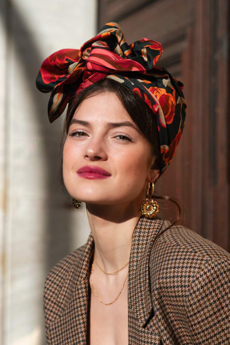Women's turban with metal stem - Black Floral – Indira de paris